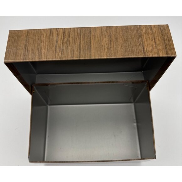 Vintage Metal Tin Box Index Card Storage 3x5 Woodgrain Recipe Filing Hinged - Picture 7 of 7